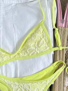 Swim Vcay Conjunto de traje de baño de top con tirantes ajustables y shorts de mujer de punto jacquard para primavera/verano, ideal para vacaciones en la playa - Amarillo - Ver 3