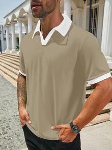 Manfinity Homme Plus Size Men's Contrast Color Short Sleeve Casual Commuter Polo Shirt - Khaki - View 3