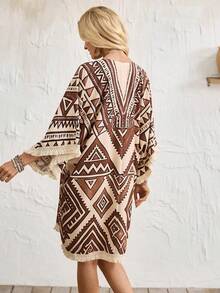 Breezaya 2026 New Spring/Summer Vacation Casual Bohemian Style Loose Batwing Sleeve Straight Silhouette Slightly A-Line Unwaisted V-Neck Fringe Hem And Cuff Design Dress, Available In Apricot, Khaki, And Digital Printed Vacation Dress For Women - Khaki - View 3