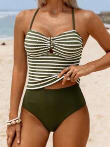 Swim Lushoire Women's Summer Vacation Casual Beach Outfit Green Striped Bikini 2-Piece Set, Adjustable Strap Vest & Swimsuit - Multicolor - View 1
