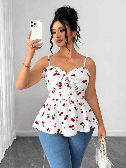 Elenzga Plus Size Bestselling French Sweet Cherry Floral Pattern Ruffle Trim Bow Tie Camisole, Minimalist Waist Cinching Design, Suitable For Daily Commute, Dates, Gatherings, Outings And Vacations
