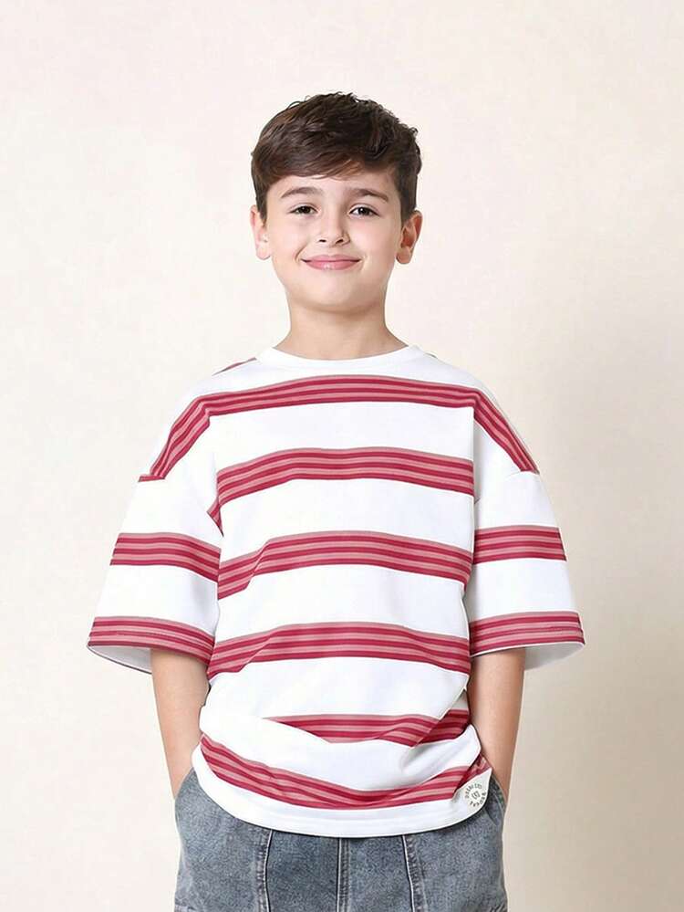 ボーイズ オーバーサイズ ストライプ Tシャツ 半袖 カジュアル ティー 夏 快適 クルーネック トップス