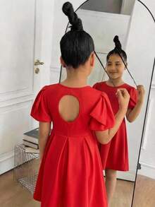 SHEIN 少女優雅紅色圓領蝴蝶結裝飾泡泡短袖百褶大裙擺公主洋裝 - 紅色 - 查看 3