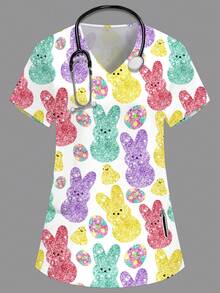 PopScrub Women's V-Neck Short Sleeve Double Pocket Cartoon Rabbit Print Nurse/Doctor Work Uniform Top, Solid Color Pet Grooming Work Uniform Top - White - View 1
