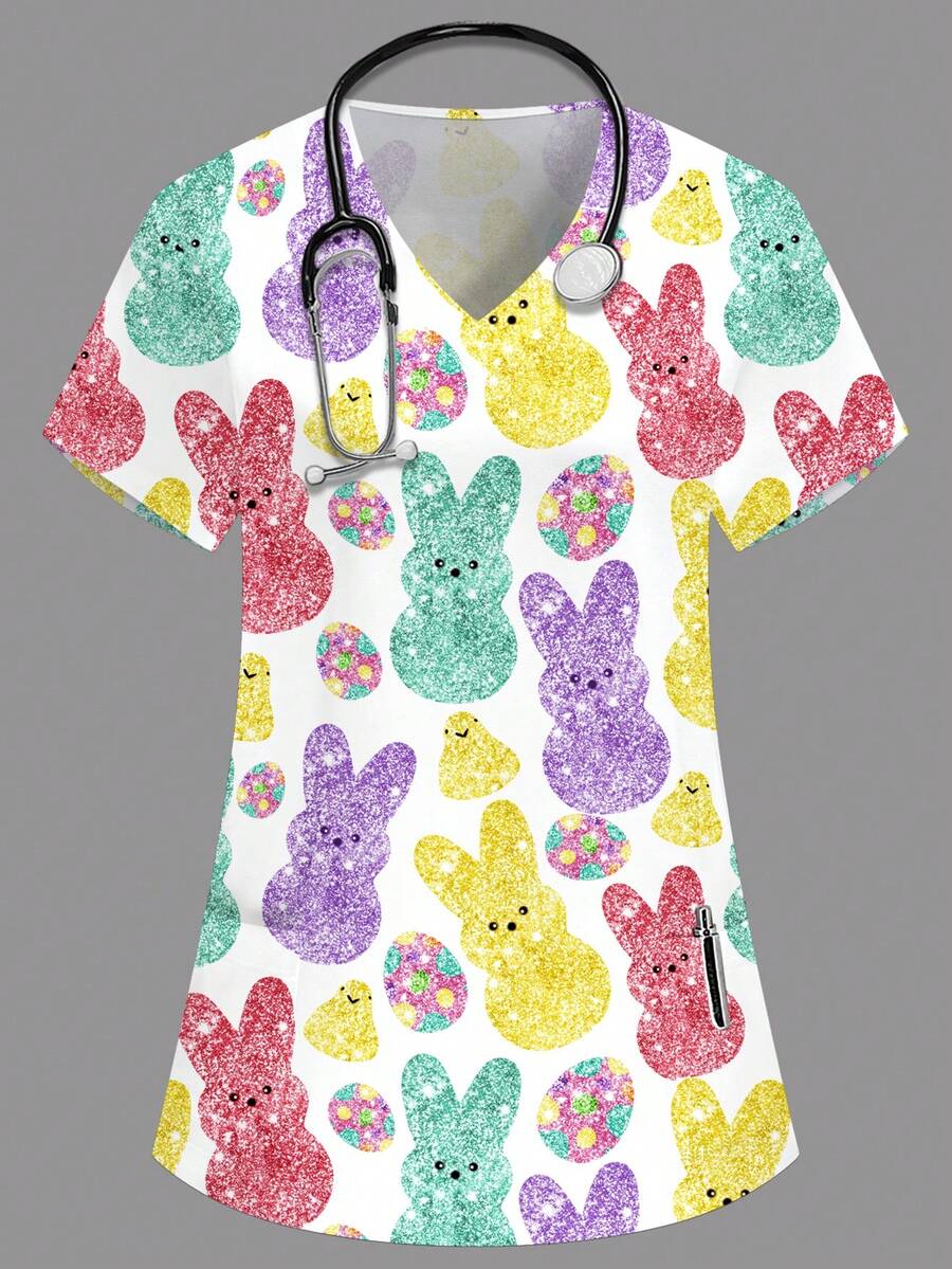 PopScrub Women's V-Neck Short Sleeve Double Pocket Cartoon Rabbit Print Nurse/Doctor Work Uniform Top, Solid Color Pet Grooming Work Uniform Top - White - View 1