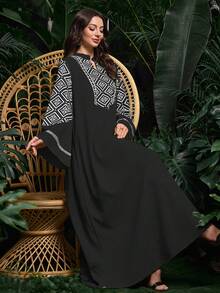 Al Najma Women's Geometric Print Patchwork Flare Sleeve Dress - Black - View 1