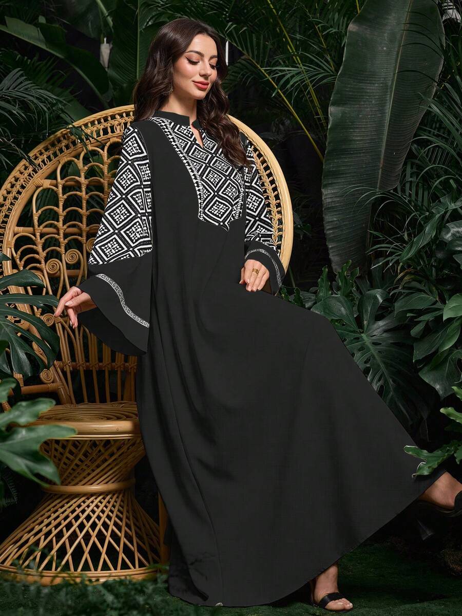 Al Najma Women's Geometric Print Patchwork Flare Sleeve Dress - Black - View 1