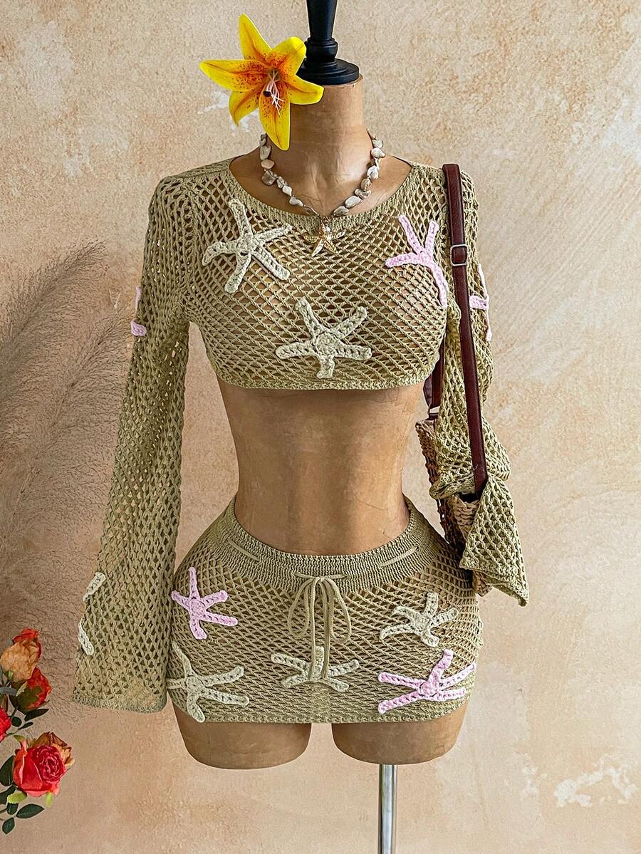 Soleia Beach For Women Summer Vacations Women's Summer Vacation Beach Starfish Crochet Flare Sleeve Cover Up Top - Khaki - View 1