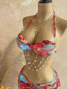 Soleia Women's Summer Beach Floral & Leopard Print Halter Tie Sexy Bikini Set With Coverup And Skirt Vacation Bathing Suit - Multicolor - View 10