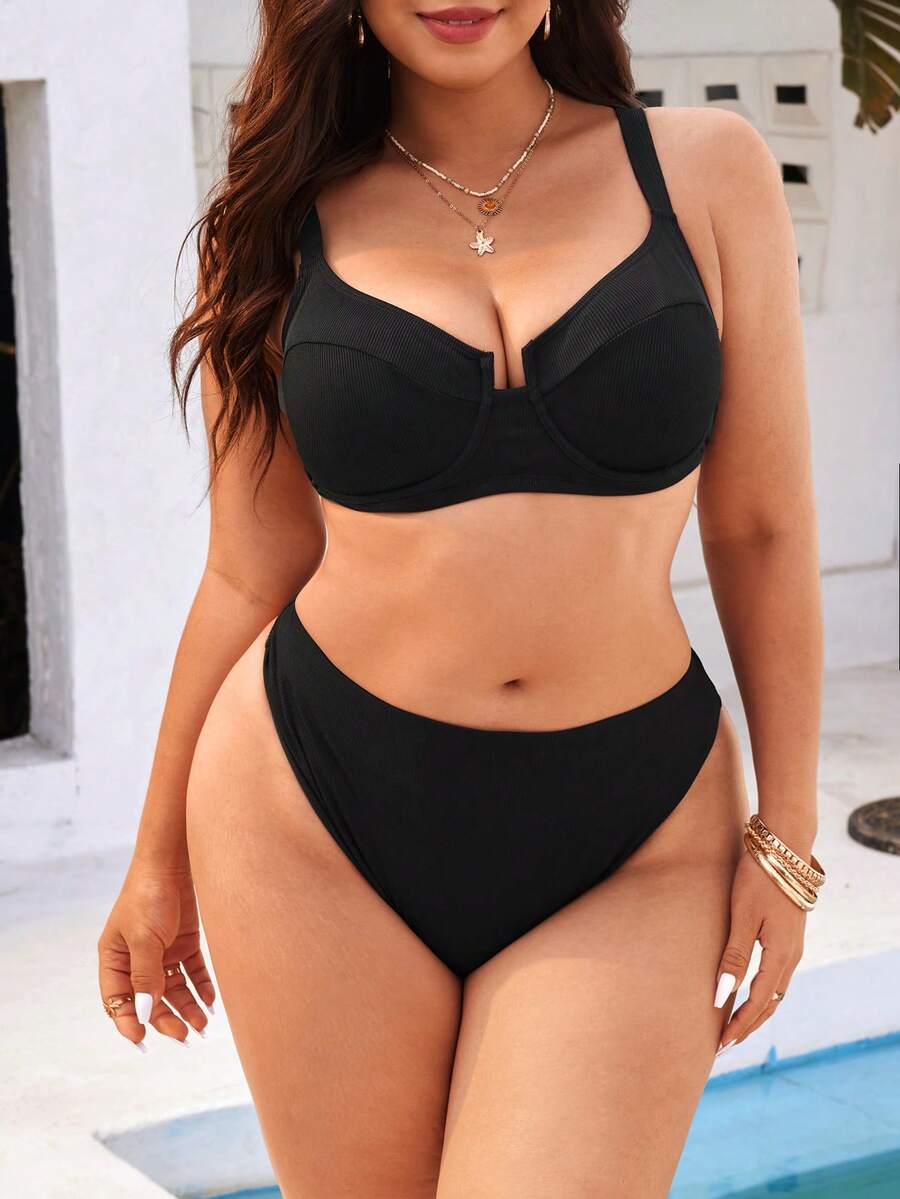 Swim Vcay Plus Size Women's Solid Color Summer Beach Bikini And Triangle Panty Swimwear Set - Black - View 1