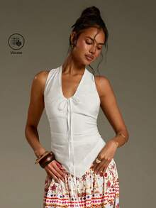 Athîral Women's Casual White Front Tie Asymmetric Hem Halter Neck BacklessTank Top,Daily Wear ,Summer White Tops,Easter ,Music Festival, Summer Holiday Outfits,Women's Casual Top,Outdoor Wear, - White - View 1