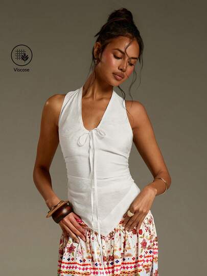 Athîral Women's Casual White Front Tie Asymmetric Hem Halter Neck BacklessTank Top,Daily Wear ,Summer White Tops,Easter ,Music Festival, Summer Holiday Outfits,Women's Casual Top,Outdoor Wear,