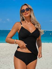 Swim Lushoire 2pcs/Set Mature Fabric Criss-Cross Pleated One-Piece Swimwear Top And High-Waisted Bikini Bottom - Black - View 4