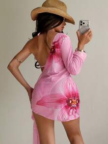 Swim SXY Conjunto de 3 piezas: Top de bikini triangular con cuello de halter con estampado de hibisco, cubre con malla, traje de baño elegante - Multicolor - Ver 5