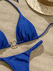 Swim Vcay Bộ bikini hai mảnh màu trơn dành cho nữ, dây mảnh, đính kim loại, kiểu thong, thích hợp cho kỳ nghỉ hè ở bãi biển. - Màu xanh lam - Xem 4