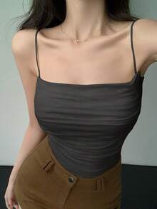 DAZY 女款純色百褶細肩帶背心，休閒性感夏季上衣，適合夜店外出的黑色款 - 灰色 - 查看 6