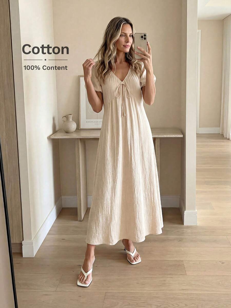 Easowa V领蝴蝶结泡泡袖灯笼袖收腰A字喇叭下摆短袖100%纯棉休闲宽松优雅通勤复古风长连衣裙，适合春夏度假穿着，简约法式连衣裙，新款连衣裙，女士夏季连衣裙，田园风连衣裙，女士夏季套装，纯棉连衣裙，女士休闲连衣裙，连体连衣裙，夏季长款度假装，女士度假连衣裙，长款夏季连衣裙 - 杏色 - 查看 1