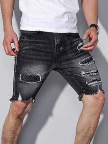 Manfinity LEGND Pantalones cortos vaqueros de hombre con parches desgastados, estilo slim fit de calle - Negro - Ver 3