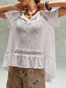 Bohemela 女士夏季休闲舒适浪漫度假法式波西米亚乡村风音乐节荷叶边纹理针织蕾丝拼接宽松白色T恤，罩衫，夏季上衣，女士夏季服装，自由休闲的穿搭风格，时尚女士服装，沙滩装，夏季度假装 - 白色 - 查看 5