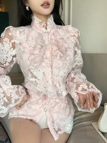 DAZY Áo sơ mi nữ cổ Pháp thanh lịch, có bèo nhún và thêu họa tiết. - Hồng - Xem 8