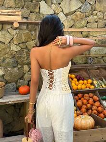 Sunnyshic 女士无肩带条纹撞色毛衣，女士度假套装，带内置胸罩的抹胸上衣，女士夏季套装，女士抹胸上衣，优雅夏季套装，女士抹胸上衣，夏季套装，夏季服装，女士抹胸上衣 - 淡黃色 - 查看 2