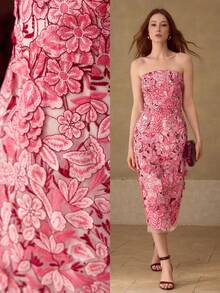 MOTF PREMIUM Đầm midi thêu hoa dành cho nữ, thích hợp mặc thường ngày và hẹn hò, mùa xuân/hè. - Hồng - Xem 7