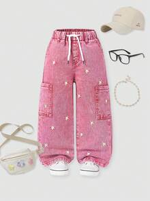 SHEIN 1件装 2026春夏新款休闲酷炫个性校园度假街头风粉色多色刺绣牛仔阔腿裤 女童弹力腰宽松直筒大口袋哈伦裤 春夏百搭品牌工装裤 - 粉色 - 查看 3