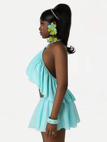 Amplova 女士雪纺两件套：露背吊带上衣，不对称下摆，双层飘逸荷叶边，搭配迷你裙，性感前卫，适合度假穿着。 - 水鴨藍 - 查看 1