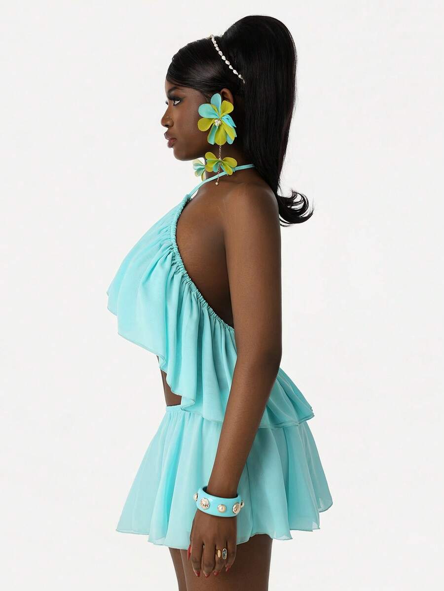 Amplova 女士雪纺两件套：露背吊带上衣，不对称下摆，双层飘逸荷叶边，搭配迷你裙，性感前卫，适合度假穿着。 - 水鴨藍 - 查看 1