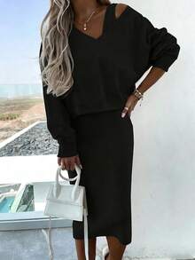 INAWLY 2pcs Casual Solid Color Sweatshirt & Dress Set - Black - View 4