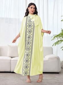 SHEIN Najma 女士拼接优雅领结宽松奢华连衣裙 - 黃色 - 查看 1