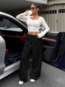 Muchica Pantalones de chándal de pierna ancha de punto negro para mujer - Negro - Ver 5