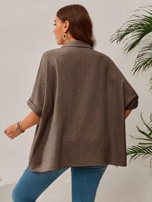 EMERY ROSE Camicia casual oversize da donna con maniche a pipistrello, monopetto, tinta unita, adatta per vacanze, abbigliamento estivo - Cachi - Visualizzare 2