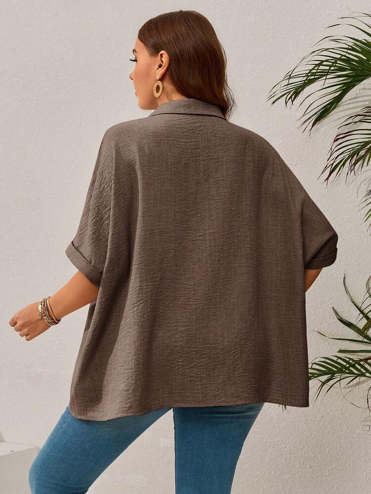 Plus Size Women's Solid Color Batwing Sleeve Loose Single-Breasted Casual Shirt,Vacation Outfits Woman,Summer Clothes