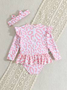 Baby Girls' One-Piece Swimsuit, Knitted Fabric, Cute Leopard Print, Ruffle Shoulder Design, Waist Belt Skirt, Headband Included, Suitable For Swimming, Water Play, Pool Fun - Multicolor - View 2