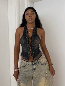 StreetHx 女士性感交叉露背吊带牛仔短款上衣，夏季 - 黑色 - 查看 1