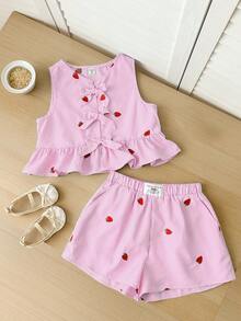 SHEIN 少女休闲简约条纹荷叶边背心套装 - 淺粉色 - 查看 8