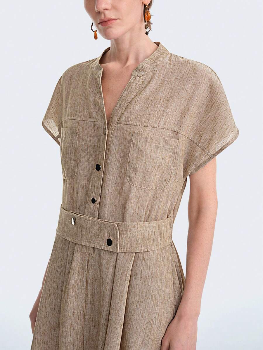 Aalyst 女士纯色高品质天丝双色亚麻法式优雅百搭连衣裙，适合工作、休闲、度假、海滩派对、下午茶等场合，立领，纽扣前襟，短袖，松紧腰，A字长款