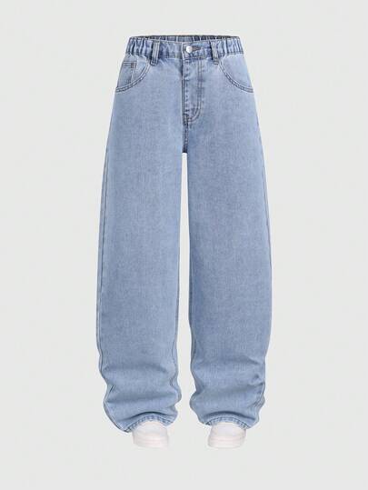 2026 New Arrival Tween Boys Retro Light Blue Wide Leg Loose Fit Distressed Jeans, Versatile For School, Outdoor, Travel, Family Activities, Parties