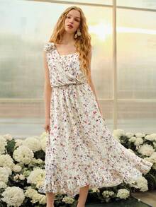 MOTF PREMIUM WOMEN'S ROMANTIC FLORAL PRINT ASYMMETRICAL NECK DRESS, SPRING/SUMMER - Apricot - View 3