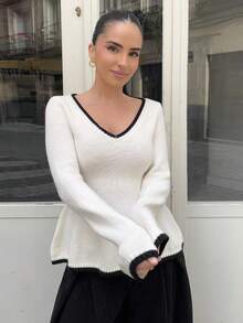 Marta Soriano 性感修身时尚女式撞色滚边长袖收腰针织上衣 - 彩色 - 查看 1