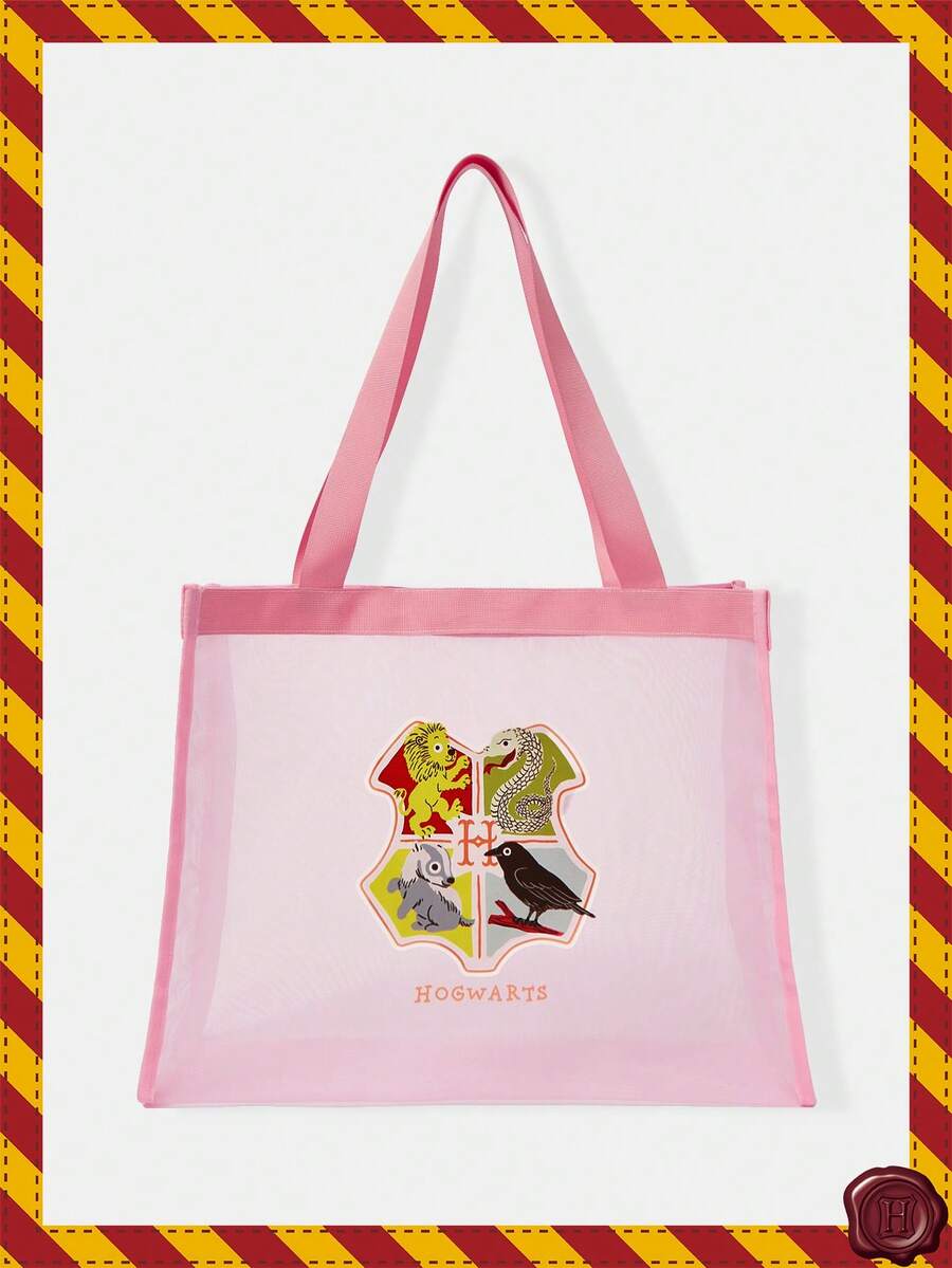 HARRY POTTER X SHEIN 黑色网眼手提袋，印花图案，大容量，便携，适合度假、旅行、购物。 - 西瓜粉 - 查看 1