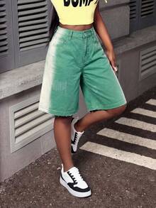 Slaydiva 女士休闲日常口袋纽扣牛仔短裤 - 綠色 - 查看 1