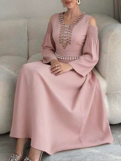 Al Najma Women's Elegant V-Neck Off-Shoulder Pearl Decor Tassel Maxi Dress Pink Dress   Elegant Dresses For Women  Weddings & Events  Summer Dress