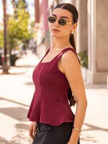 Andrea Bello 女士优雅方领无袖衬衫，前开衩，适合办公室、通勤、下午茶、派对、度假、休闲装，春夏季 - 紫紅色 - 查看 3