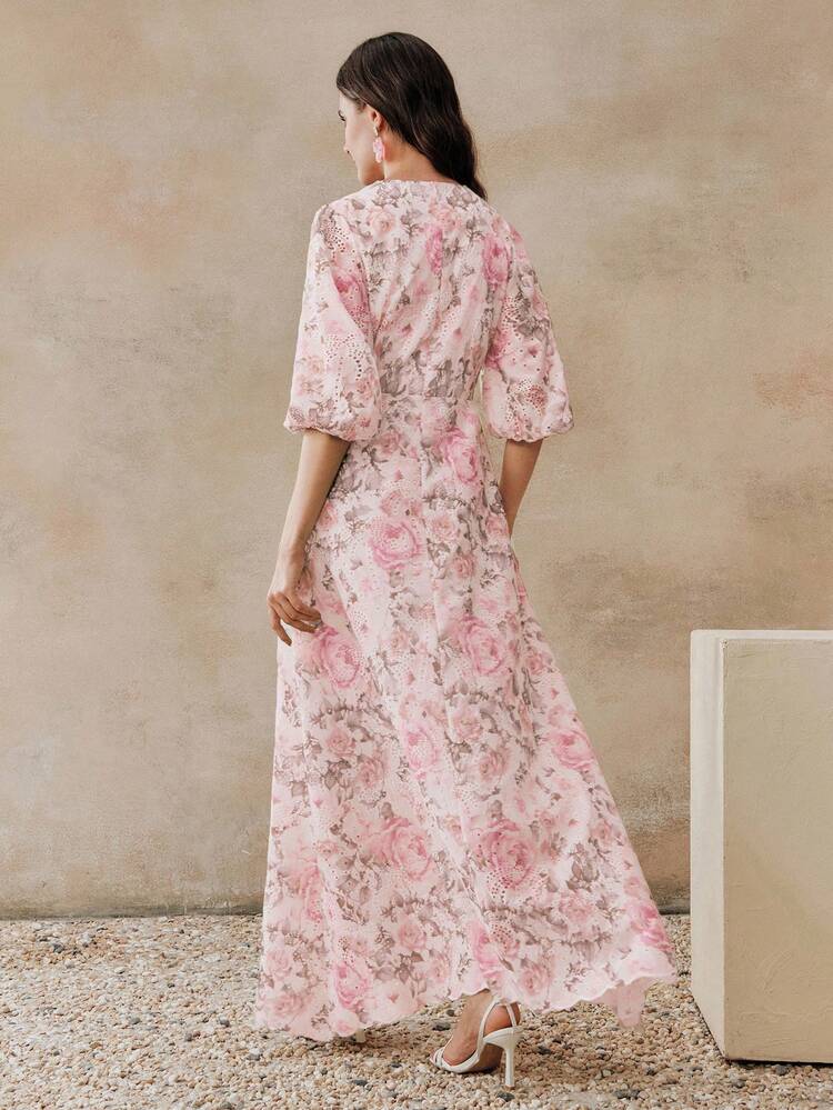 Women's Spring/Summer Vacation New Arrival Birthday/Date/Party/Wedding Season/Mother's Day Elegant Fashion Digital Print Hollow Lace Waist Flare Dress
