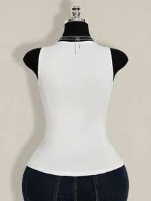 SHEIN ICON Plus Size Women Round Neck Mesh Patchwork Sheer Fitted Casual Top - White - View 2