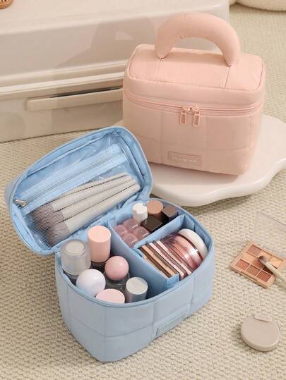 1 pièce Sac de maquillage léger et moelleux, multi-compartiments, sac cosmétique grande capacité - rangement organisé avec compartiments séparés pour les articles de toilette, les cosmétiques, les pinceaux de maquillage et les produits de soins de la peau, sac de rangement multifonctionnel pour stocker les médicaments, les pochettes, le maquillage, les essentiels de voyage