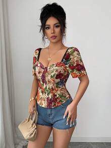 Pariaura Áo ngắn tay nữ tay ngắn, họa tiết hoa jacquard hình trái tim nhiều màu sắc, ôm eo, thích hợp cho kỳ nghỉ lãng mạn. - Nhiều màu - Xem 5