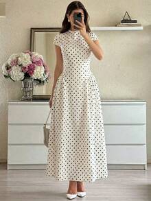 Lumalex 白色波点泡泡袖连帽女式连衣裙 - 黑與白 - 查看 2